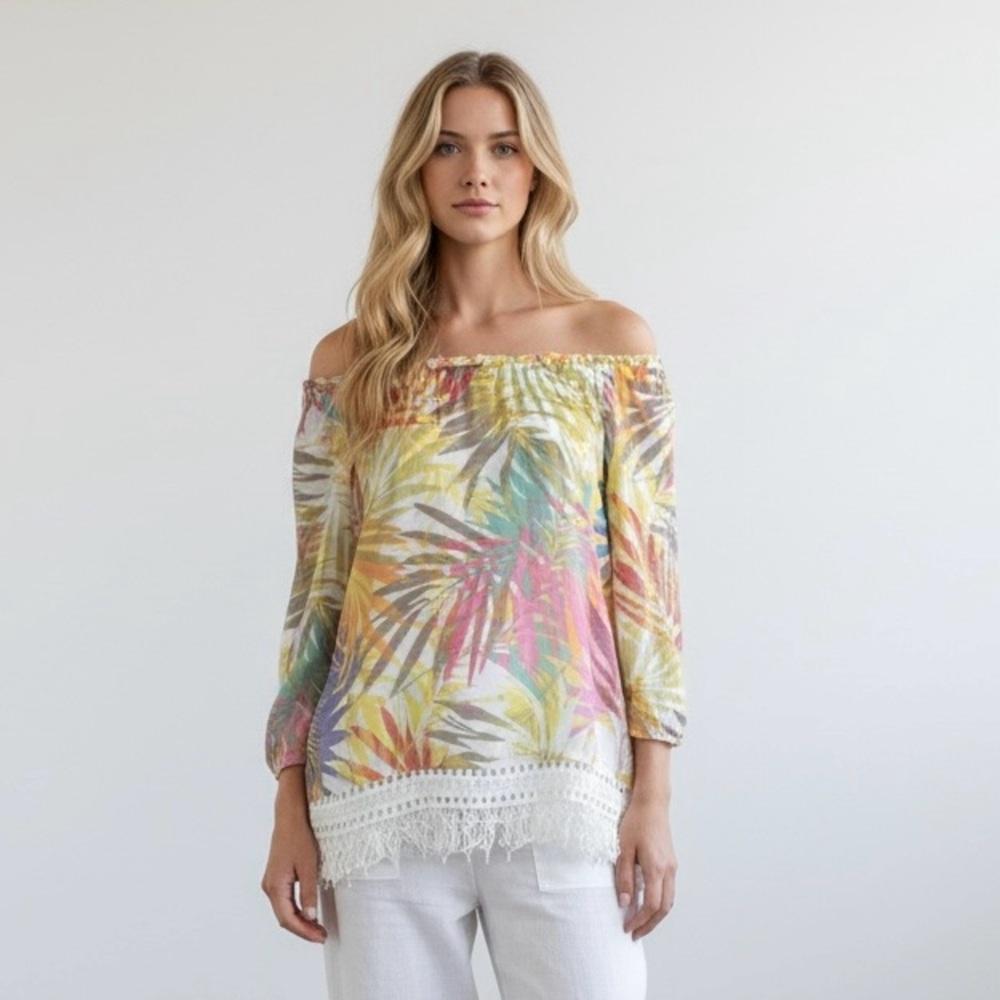 4/$40 Spense Tropical Floral Print Lace Trim Multi Color Blouse